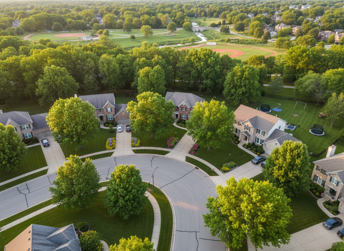 Aerial drone shot of a beautiful suburban residential street in Wisconsin or Minnesota, tree-lined streets, well-kept homes, lush green lawns, summer, birds eye view, professional real estate photography