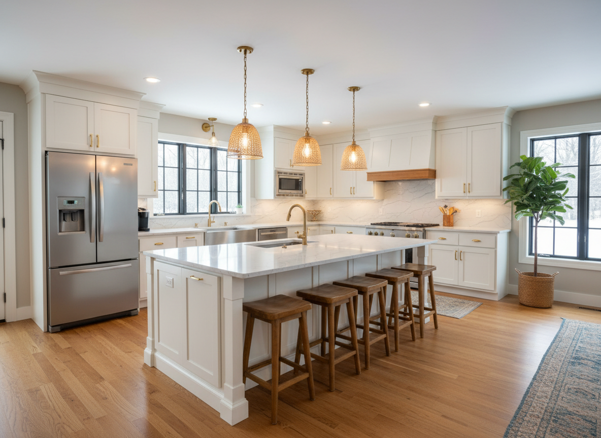 Stunning modern kitchen interior of a craftsman home in Wisconsin or Minnesota, white shaker cabinets, quartz countertops, large island, stainless appliances, hardwood floors, warm lighting, professional real estate photography