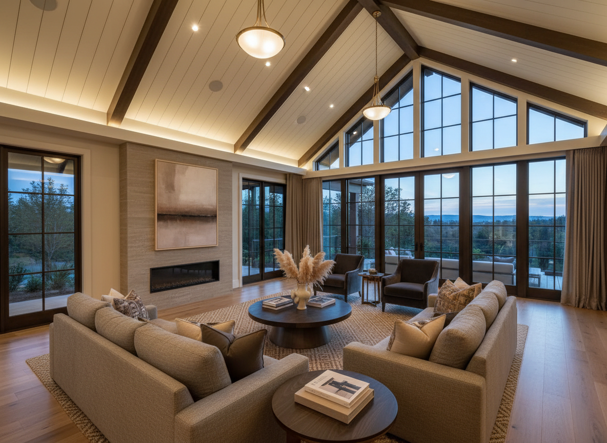 Sophisticated luxury home interior, open-concept living room with vaulted beam ceiling, warm neutral tones, large windows with natural light, elegant furniture, architectural photography, moody warm ambiance, high-end real estate