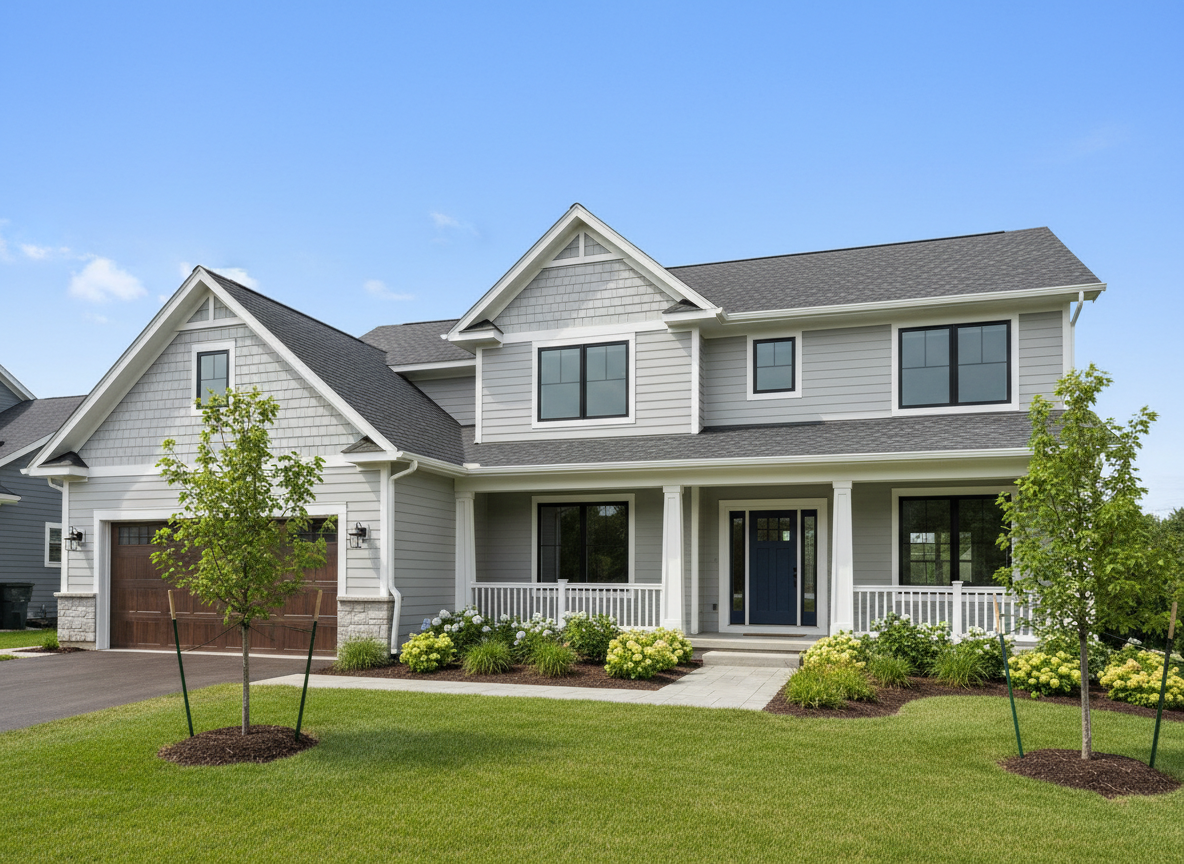 Brand new construction home in Wisconsin midwest style — fresh craftsman or colonial exterior with clean lines, new siding, modern windows, attached two-car garage, newly landscaped front yard, clear blue sky background. Conveys quality new build housing in a suburban Wisconsin setting.